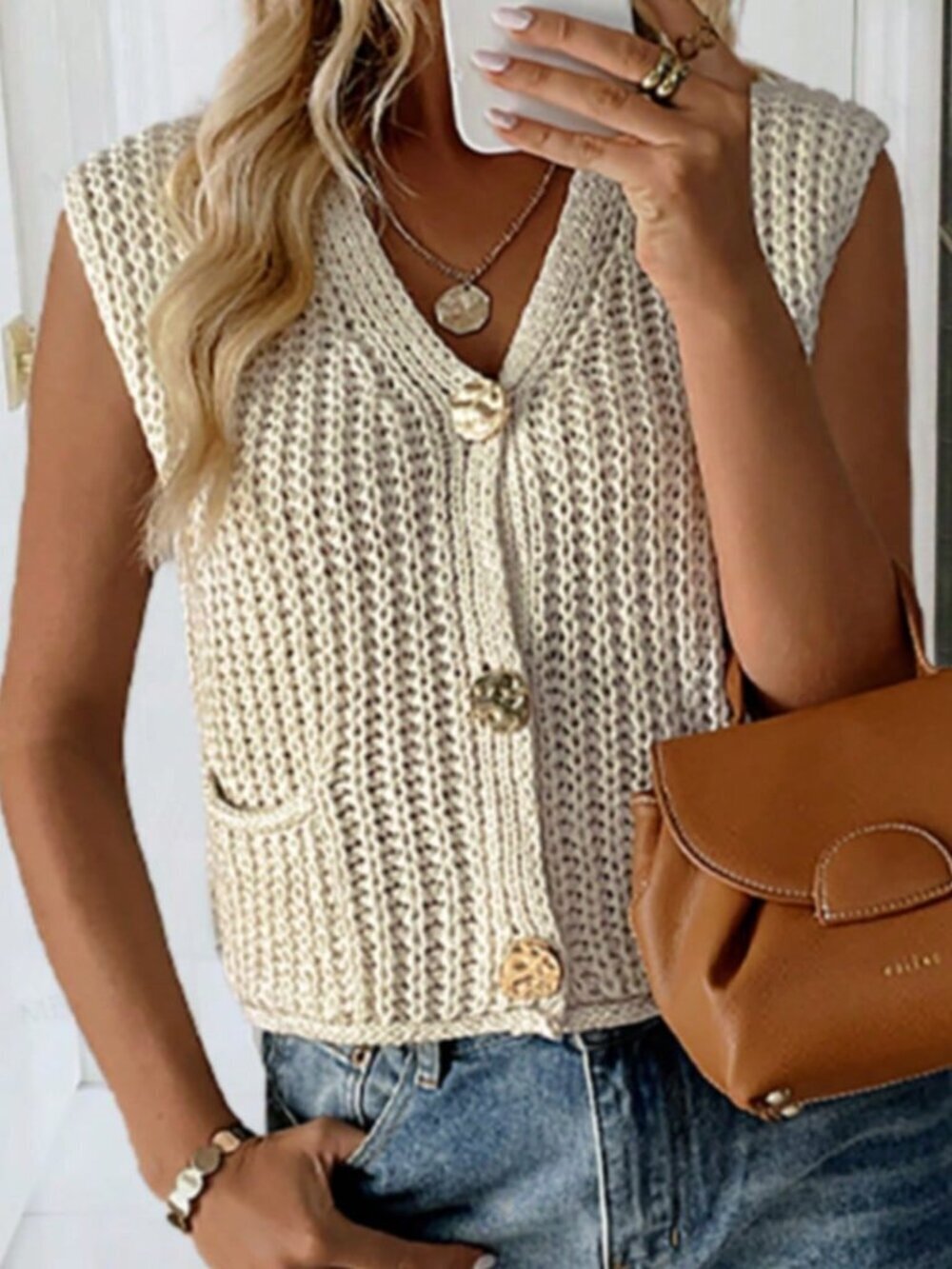 Apricot Casual Women's V-Neck Ribbed Knitted Cardigan Sweater Vest